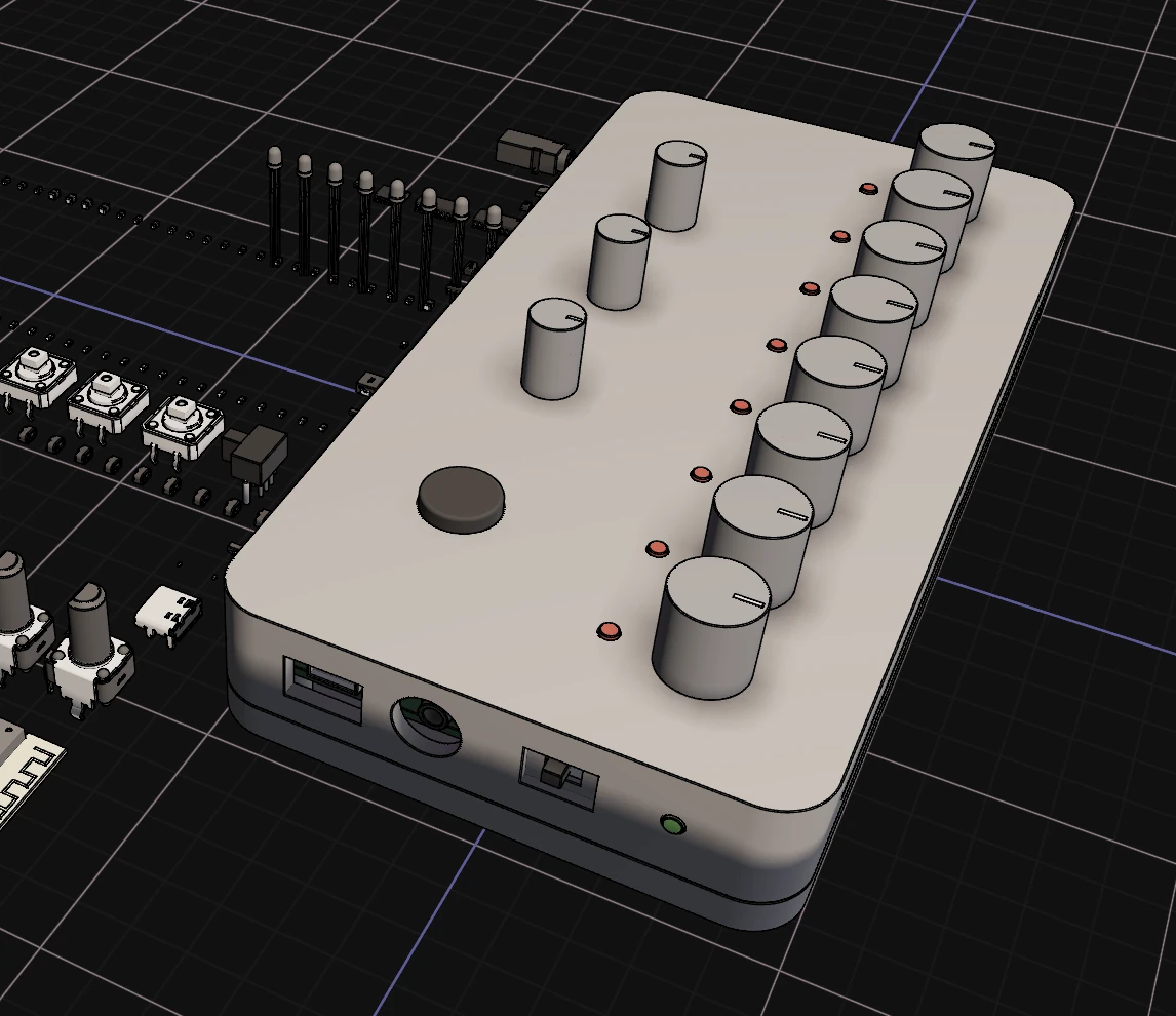 White controller enclosure with 11 knobs, a button, and LEDs in the Flux 3D view, next to its loose parts.