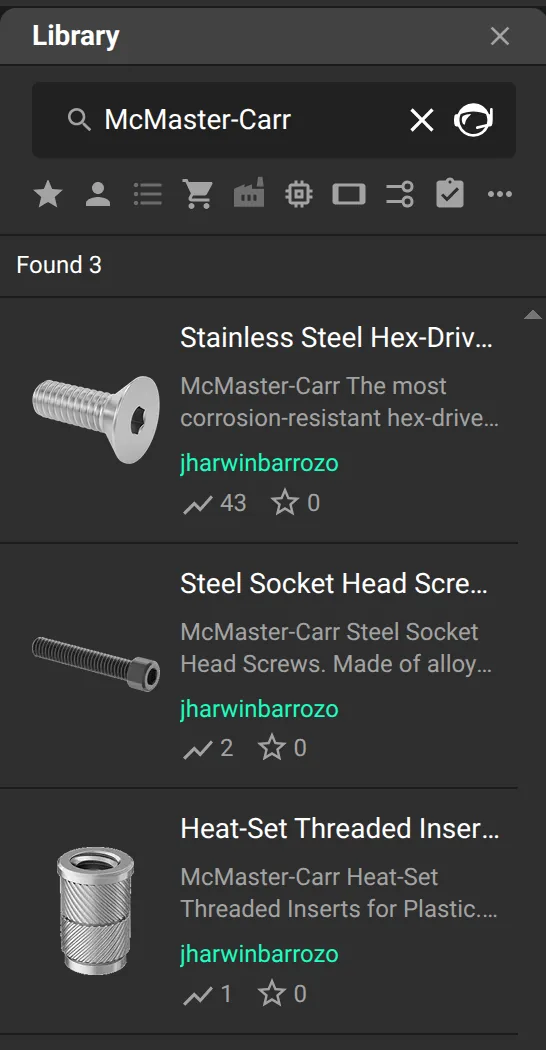 Flux Library search results for McMaster-Carr screws and a heat-set insert, with 3D models
