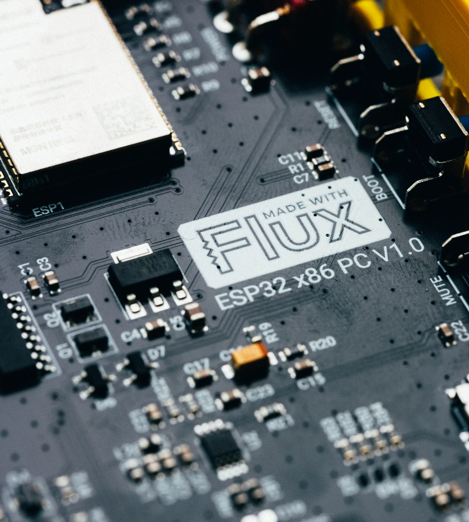 Close-up of a Flux-designed printed circuit board