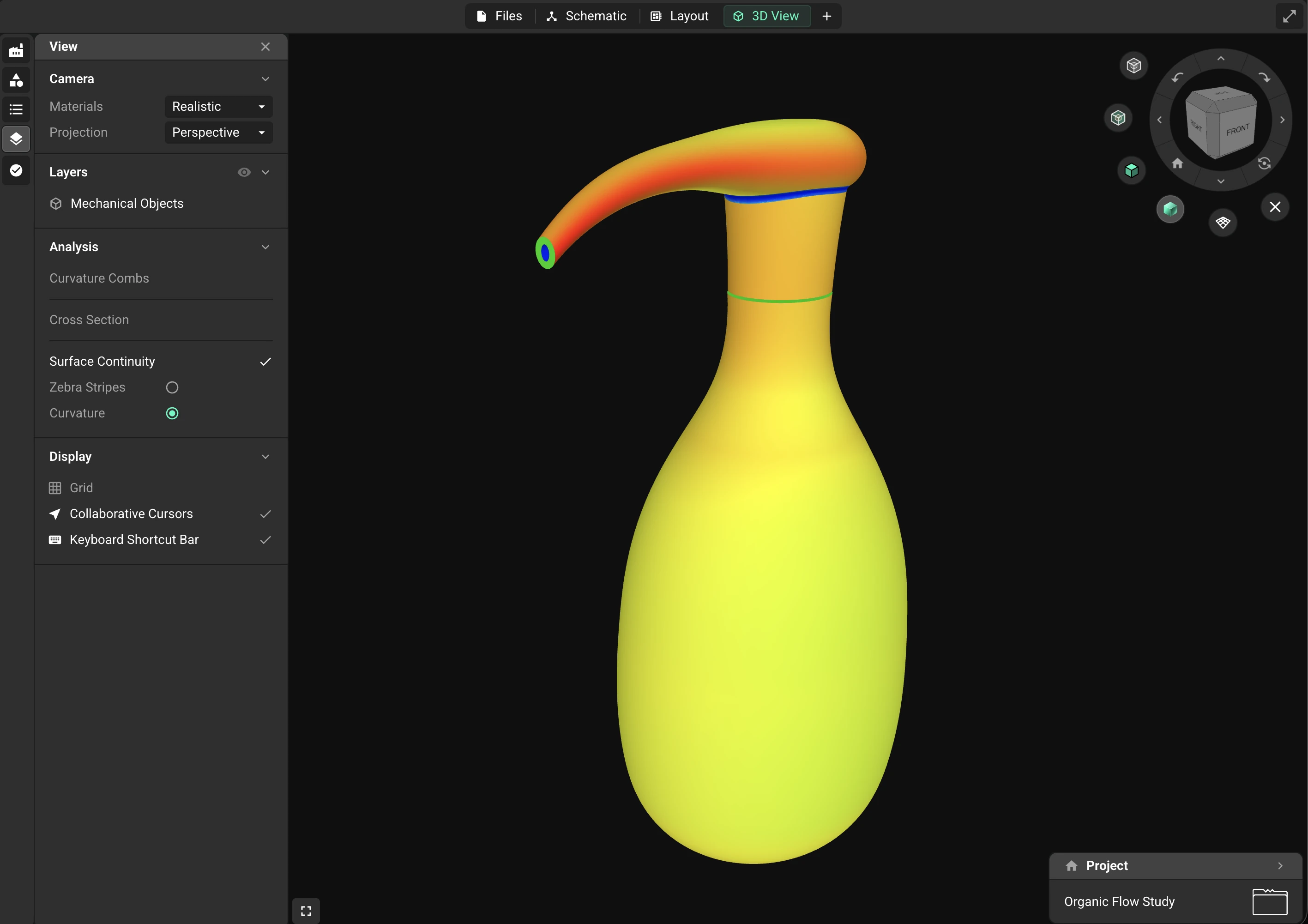 Surface curvature map on a sculpted soap dispenser in the Flux 3D view