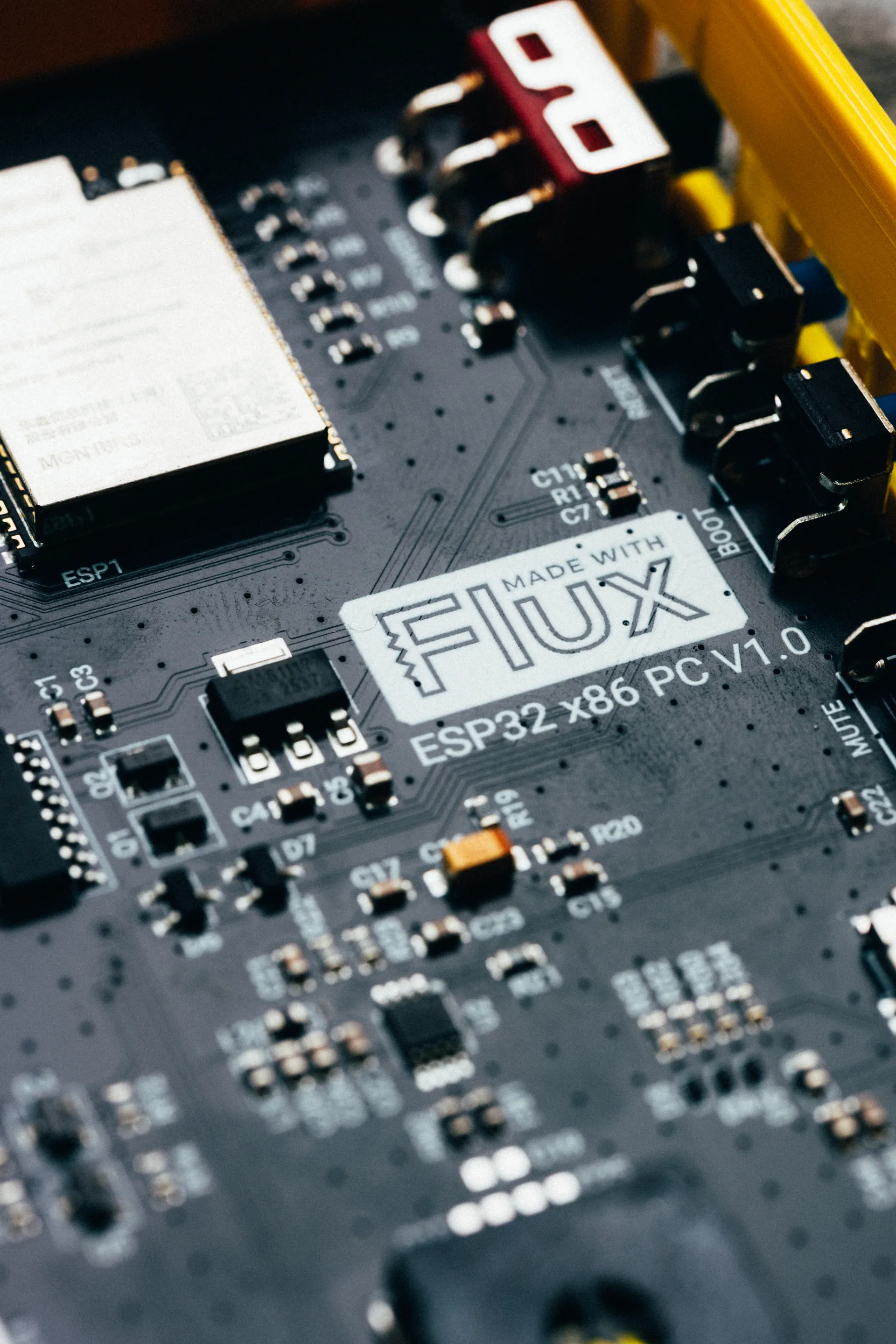 An ESP32 x86 circuit board on a workbench.