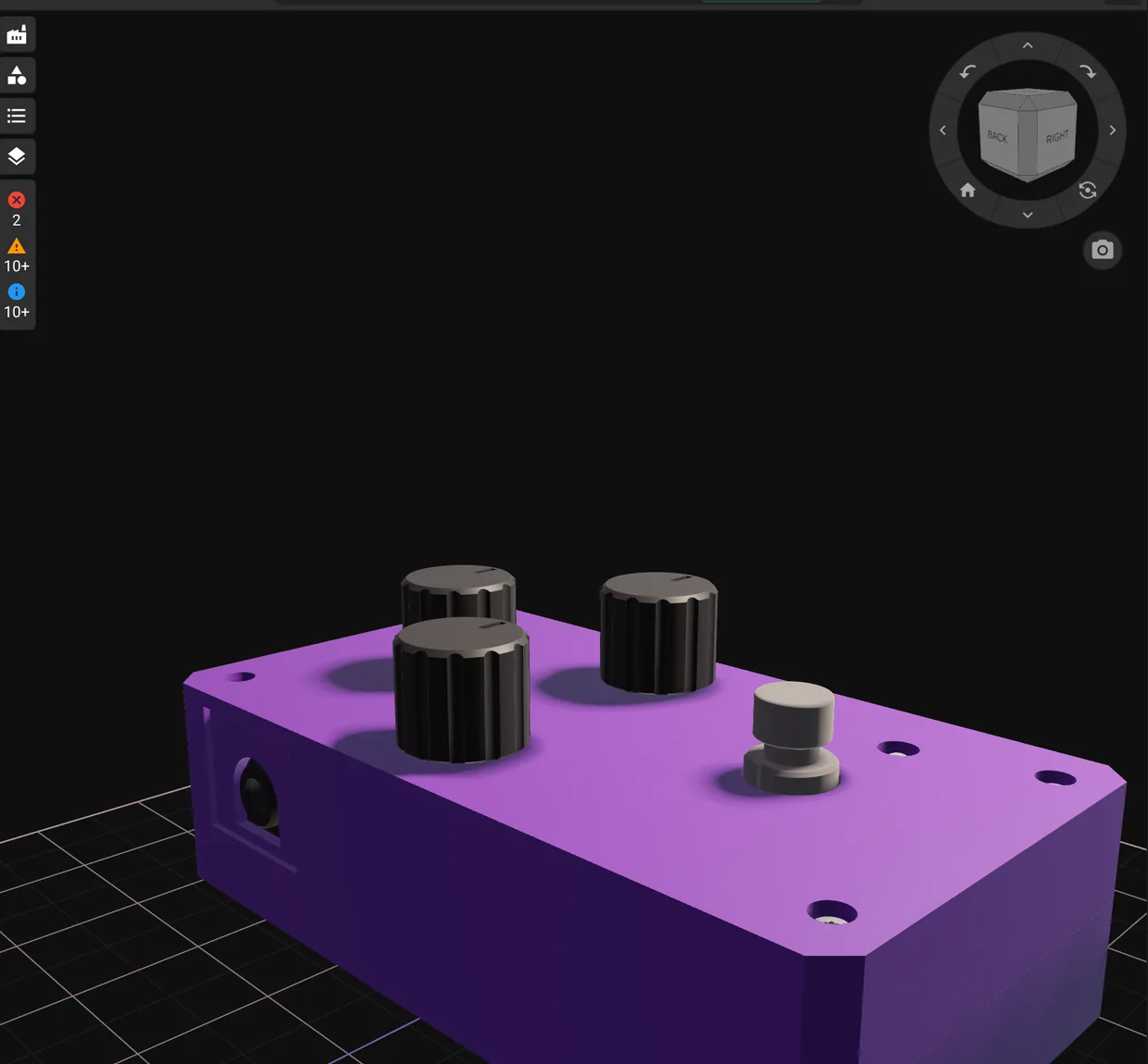 Purple distortion pedal enclosure with three black knobs in the Flux 3D view