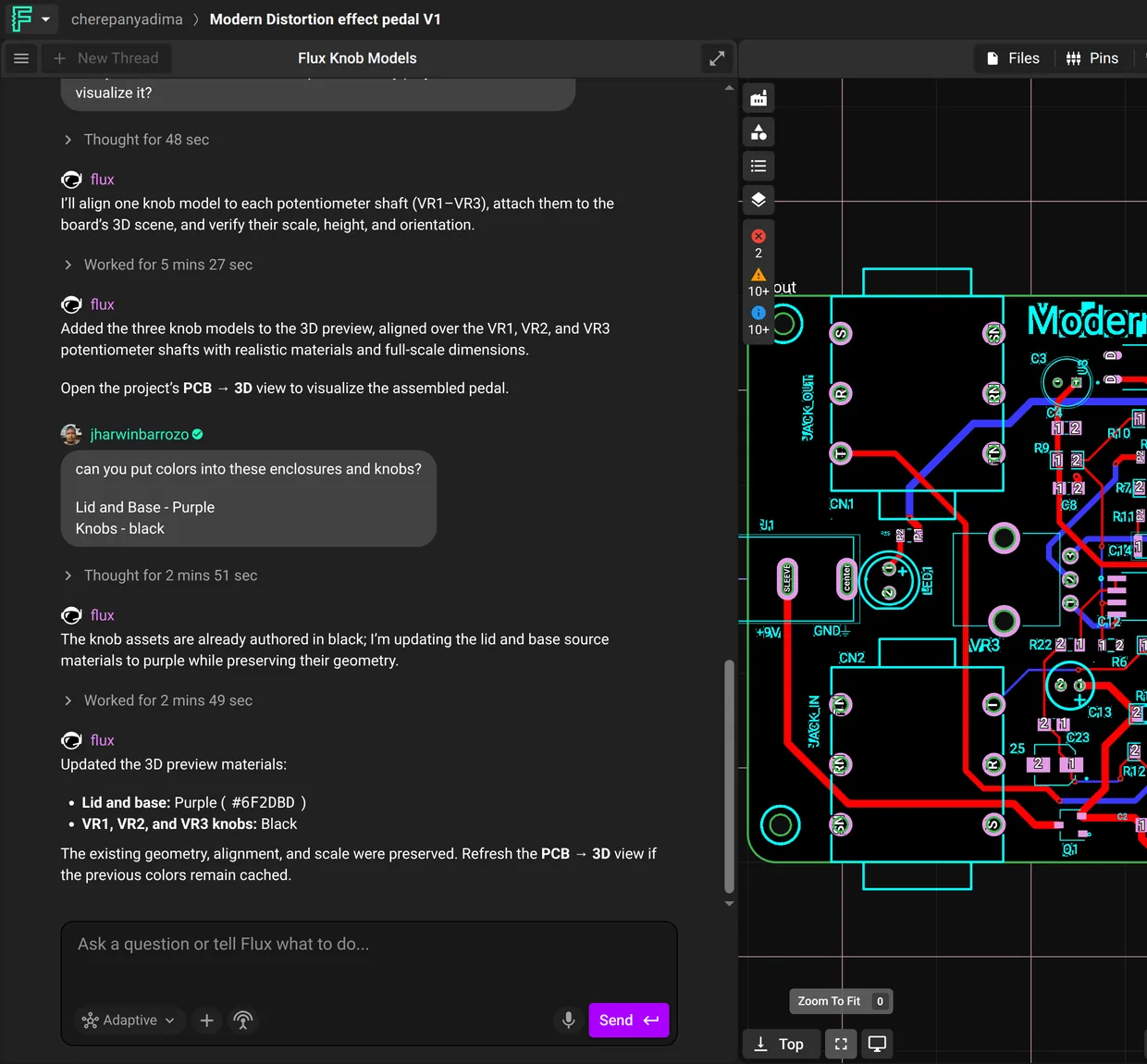 Distortion pedal board layout beside the Flux agent chat