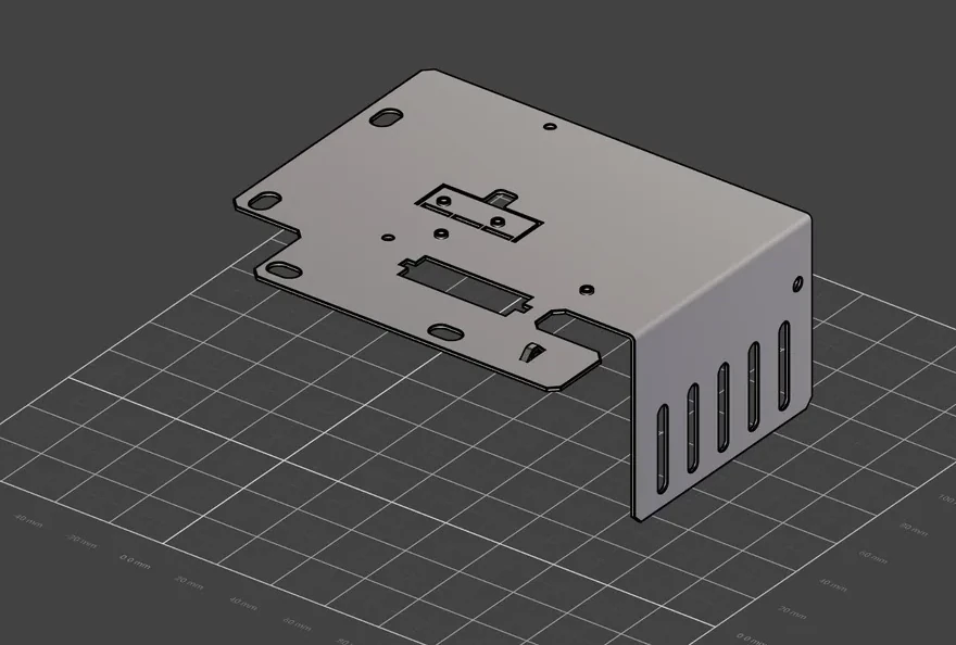 After: the flange is 64.5 mm deep, with five 5 × 30 mm vent slots. The 4.4 mm hole did not move. Flux saves a new STEP file and editable CAD code.