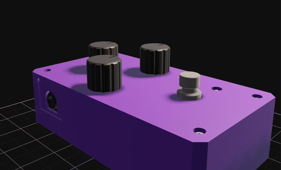 Purple distortion pedal enclosure with three black knobs in the Flux 3D view