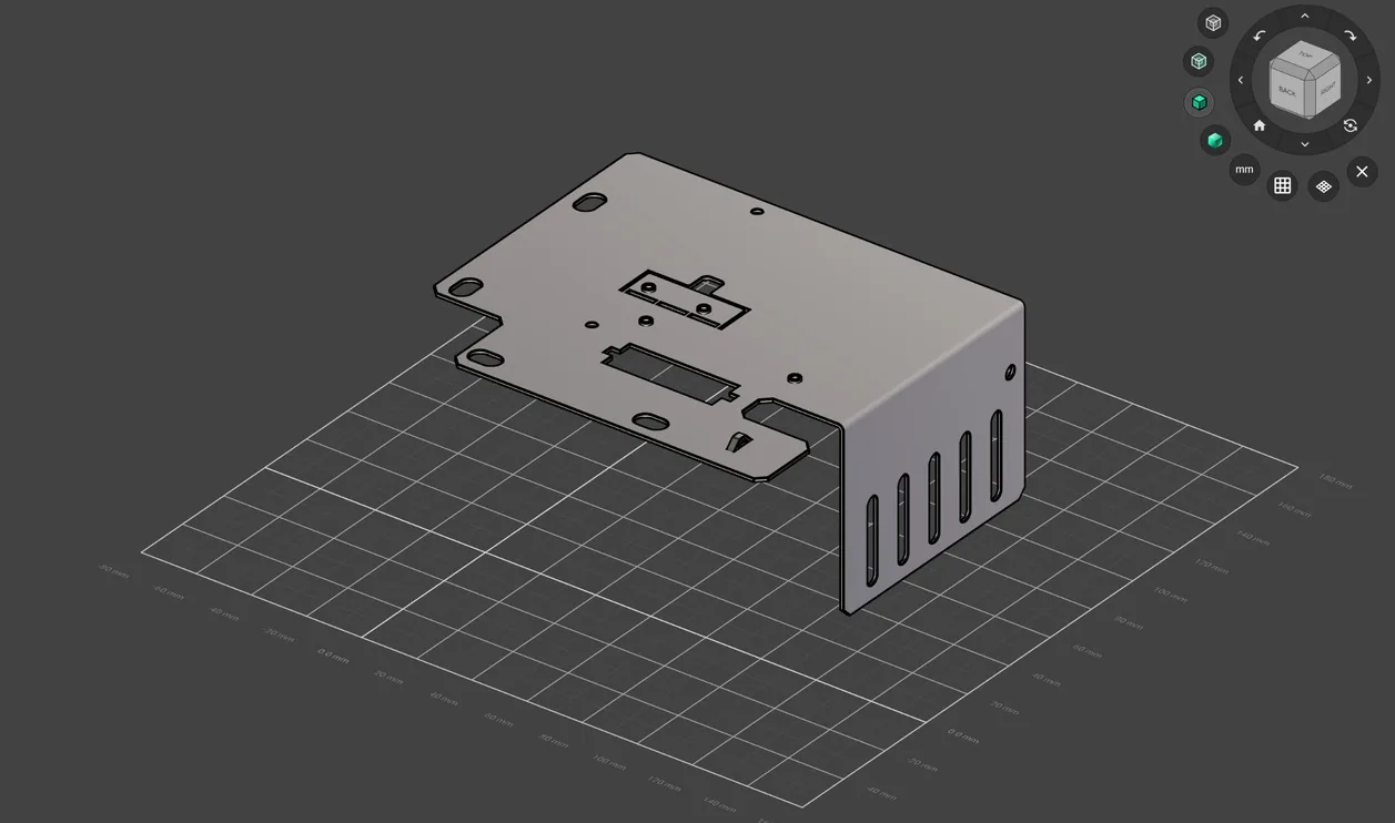 After: the flange is 64.5 mm deep, with five 5 × 30 mm vent slots. The 4.4 mm hole did not move. Flux saves a new STEP file and editable CAD code.