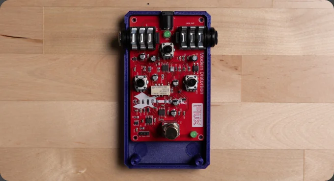 Distortion effects pedal PCB designed with AI in Flux