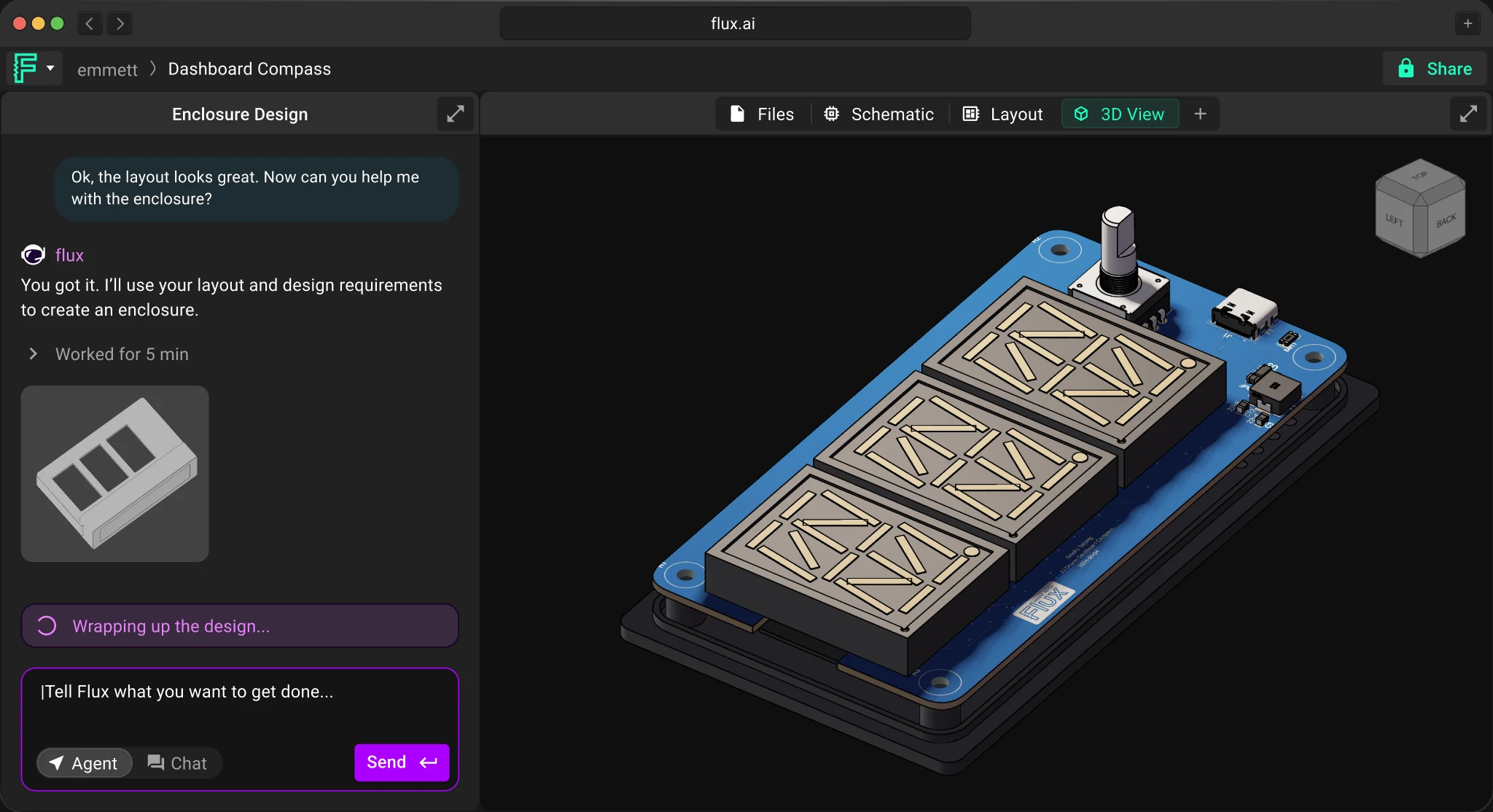 Flux AI PCB design workspace showing the Dashboard Compass project with agent chat and a 3D board view