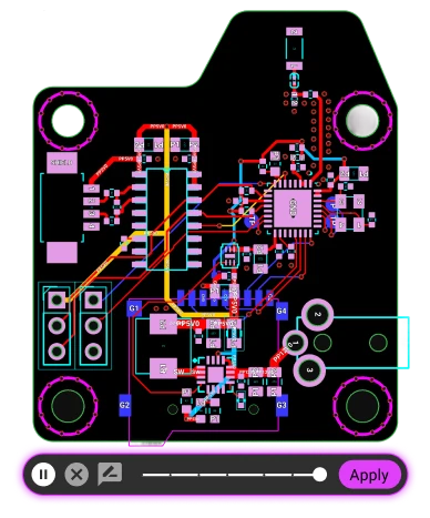 Layout stage. AI places and routes your design with full awareness of your constraints — delivering optimized layouts you can edit or approve instantly.
